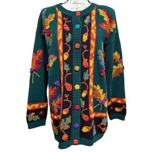 Vintage Debra Lubell Fall Leaves Cardigan M Green Chunky Knit Grandma Cottage